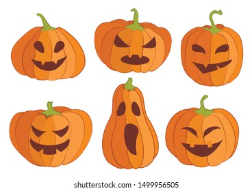 Set of halloween pumpkins of different shapes with muzzles. Vector illustration.