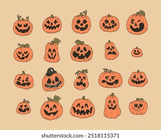 Set of Halloween Pumpkins , Pumpkins Different Shapes Silhouette Set in retro cartoon style, Scary Spooky Carving Pumpkins hand drawn vector illustrations