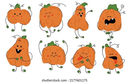 Set of Halloween pumpkins. Eight cute pumpkin characters experience different emotions. Great for stickers, t-shirt prints, decorative embellishments.