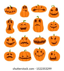 Set of halloween pumpkins faces. The main symbol of the Happy Halloween holiday. Orange pumpkin with smile for your design for the holiday Halloween.