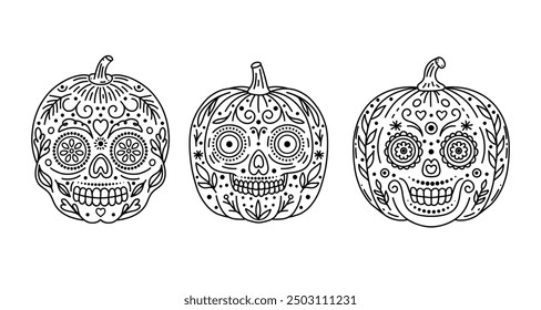 Set of Halloween pumpkins with faces  of  traditional mexican  holiday  Day of the dead.