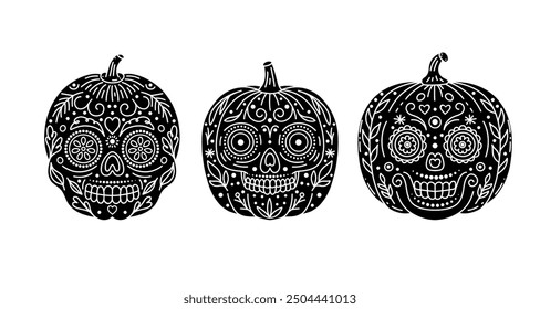 Set of Halloween pumpkins with faces  of  traditional mexican  holiday  Day of the dead.