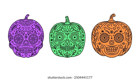 Set of Halloween pumpkins with faces  of  traditional mexican  holiday  Day of the dead.