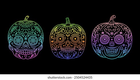 Set of Halloween pumpkins with faces  of  traditional mexican  holiday  Day of the dead.