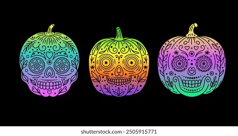 Set of Halloween pumpkins with faces  of  traditional mexican  holiday  Day of the dead.