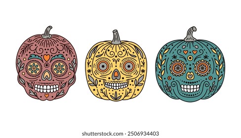 Set of Halloween pumpkins with faces  of  traditional mexican  holiday  Day of the dead.