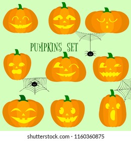 Set of halloween pumpkins, funny faces in cartoon style . Spiders and cobwebs. Autumn holidays. Vector illustration EPS10, flat.