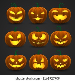 Set of halloween pumpkins, funny faces.
