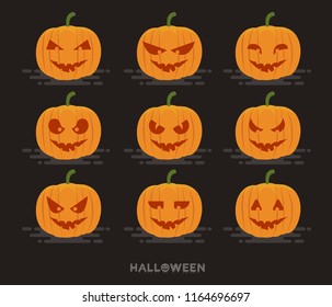 Set of halloween pumpkins, funny faces. vector illustration