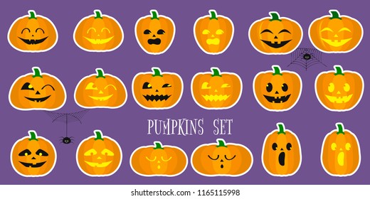 A set of Halloween pumpkins, funny faces in a cartoon style in a white stroke sticker. Autumn vacation. Vector illustration EPS10, flat.