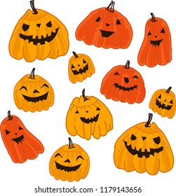 Set of halloween pumpkins, funny faces. Autumn holidays. Vector illustration EPS10.