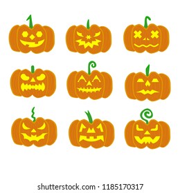 Set of Halloween pumpkins, funny faces. Autumn holidays. Vector illustration EPS10.
