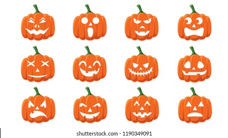 Set of Halloween pumpkins, funny faces.  Emotion Variation. Vector illustration