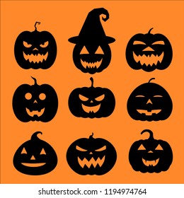 Set of halloween pumpkins, funny faces. Autumn holidays. Vector illustration