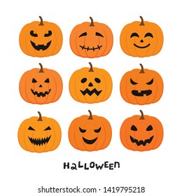 Set of halloween pumpkins, funny faces. Autumn holidays. Vector illustration