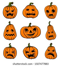 Set of halloween pumpkins, funny faces. Autumn holidays. Vector illustration