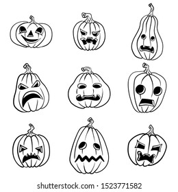 Set of halloween pumpkins, funny faces. Autumn holidays. Vector illustration