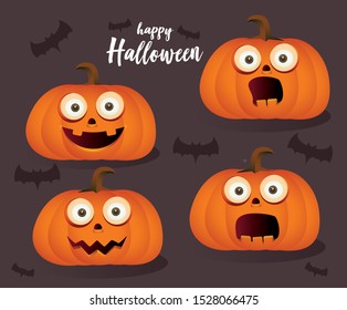 Set of halloween pumpkins, funny faces. Autumn holidays. Vector illustration. Flat style design for halloween card, poster, web, site, banner