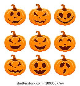 Set of halloween pumpkins .funny faces. Autumn holidays.isolated on background .Vector illustration
