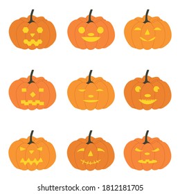Set of halloween pumpkins, funny faces. Autumn holidays. Vector illustration