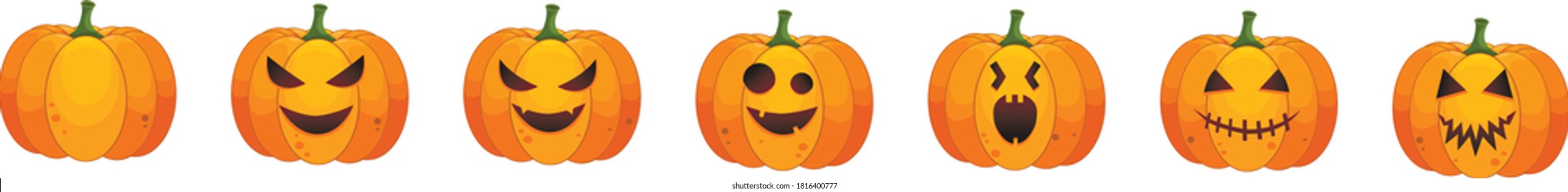 Set of halloween pumpkins, funny faces. Autumn holidays. Vector.