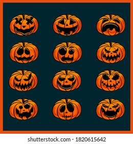 Set of halloween pumpkins, funny faces. Autumn holidays.Use Comic Books and Scary Movie Posters. Vector Illustration