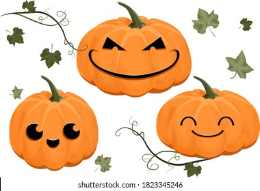 Set of halloween pumpkins with funny faces. Design for autumn october party. Vector illustration.