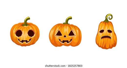 Set of halloween pumpkins, funny faces. Autumn holidays. Halloween realistic pumpkins collection