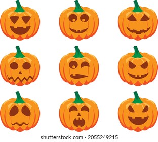 Set de calabazas de halloween, caras graciosas. Calabaza de halloween con dibujos animados. Caracteres de linterna de la calabaza naranja. Halloween.