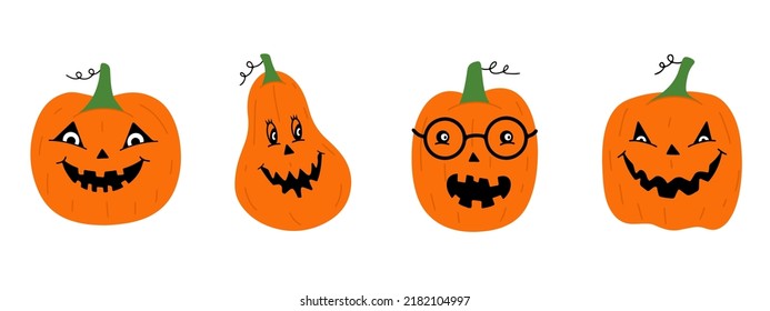 Set of Halloween pumpkins with funny faces. Vector illustration. Cartoon style