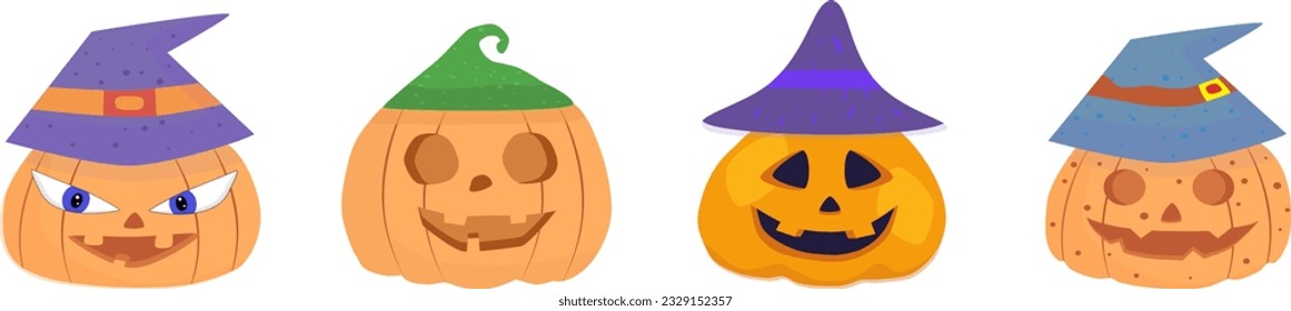 Set of halloween pumpkins, funny faces. Autumn holidays. Vector illustration EPS10. Vector illustration. Cute halloween pumpkins. Isolated on white background. Flat style vector illustration.