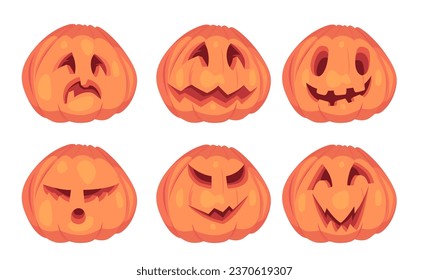 Set of halloween pumpkins, funny faces. Autumn holidays. Vector flat illustration