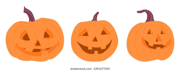 Set of halloween pumpkins, funny faces. Autumn holidays. Vector illustration EPS10. Glowing pumpkin with a smiling face. Orange pumpkin with smile for your design for the holiday Halloween