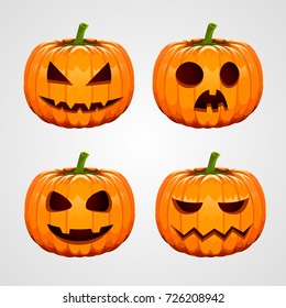 Set of halloween pumpkins, funny faces. Autumn holidays. Vector illustration.