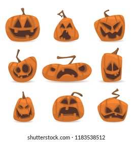 Set of halloween pumpkins with funny and scary faces in vector style