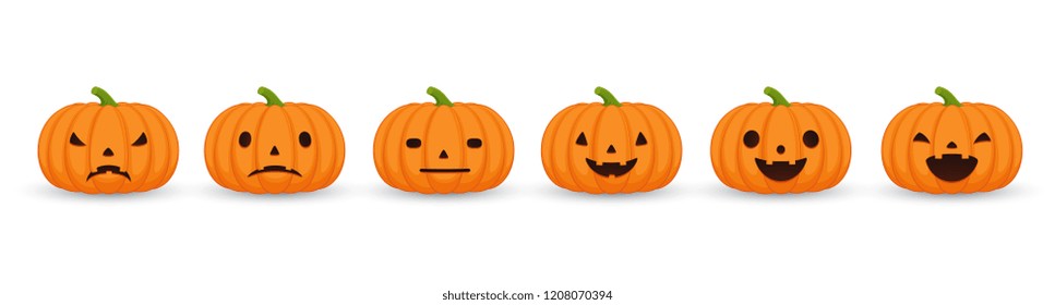 Set of halloween pumpkins, funny and scary facial expressions. Pumpkin set of emotions on white background.
