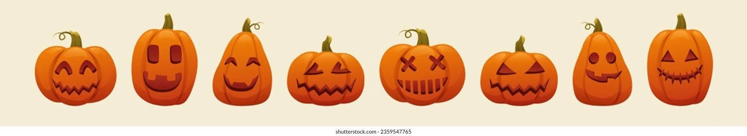 Set of Halloween pumpkins, funny and scary faces. Autumn holiday. Scary Jack-o-lantern facial expressions illustration