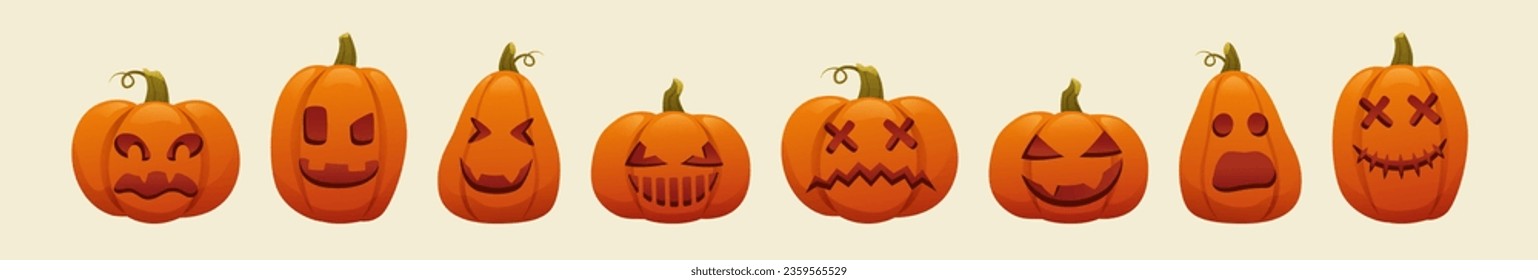 Set of Halloween pumpkins, funny and scary faces. Autumn holiday.
Set of silhouette spooky horror pumpkin images. Scary Jack-o-lantern facial expressions illustration.