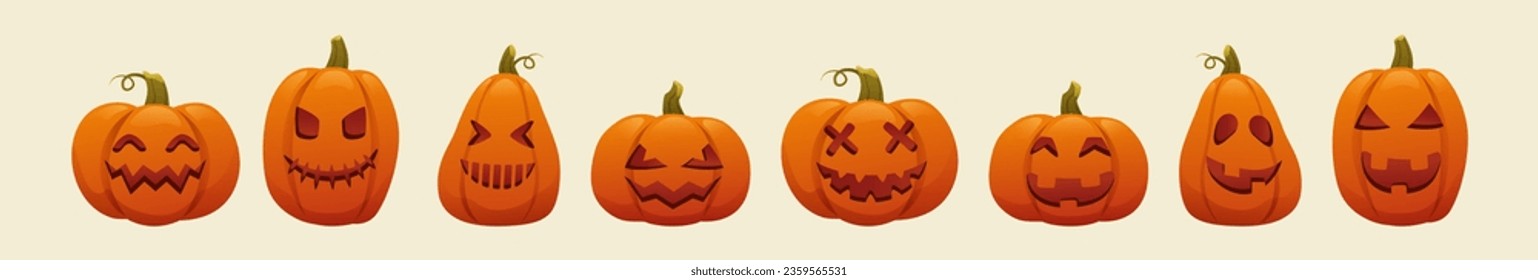 Set of Halloween pumpkins, funny and scary faces. Autumn holiday.
Set of silhouette spooky horror pumpkin images. Scary Jack-o-lantern facial expressions illustration.