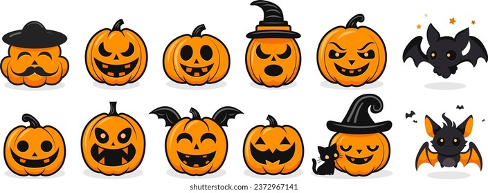 Set of halloween pumpkins, funny and scary faces. Vector symbols set