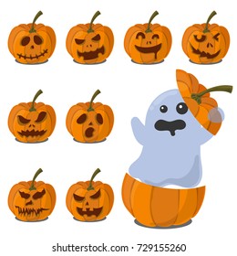 Set of halloween pumpkins with funny and scary faces. Vector pumpkins isolated on white background. Jack-o-lanterns for Halloween. Cartoon ghost in pumpkins.