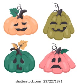 Set of Halloween pumpkins. Hand drawn spooky horror characters with different emotions. Scary monsters with various facial expressions. Vector cartoon illustration for Halloween party, holiday