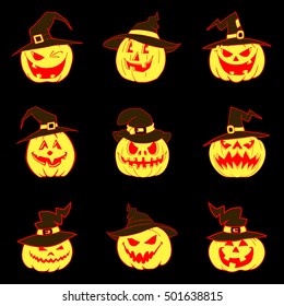 Set of halloween pumpkins with hat and different variations of facial emotions.
