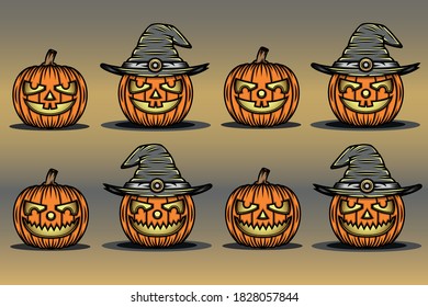Set of halloween pumpkins with hat, funny faces. Autumn holidays. Vector illustration