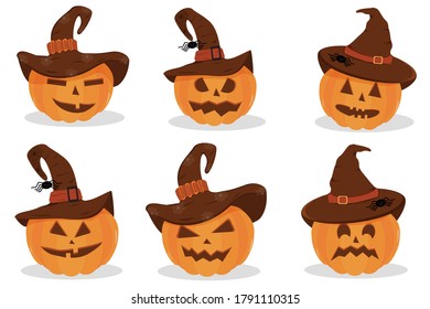 Set of Halloween Pumpkins with a hat on white background.  Halloween pumpkin, funny scared face in a hat. Light background. Holiday decoration. Icon collection.