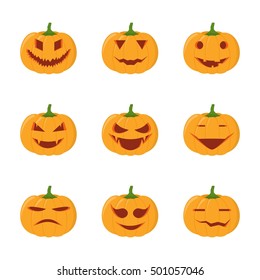 Set of halloween pumpkins heads isolated on white background. Pumpkin head vector icons in flat style. Scary Halloween cartoon pumpkins.
