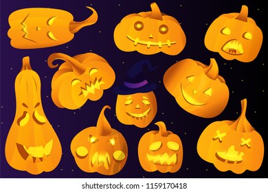 Set of Halloween pumpkins. Halloween holiday greeting card. Vector Illustration. Trick or Treat Concept.