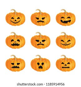 Set of halloween pumpkins isolated on white background. Vector illustration in cartoon style flat. Scary faces. Element for greeting card, banner, poster, invitation, flyer.

