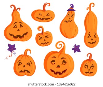 Set of Halloween pumpkins isolated on white background in cartoon style. Orange pumpkin with smile for your design for the Happy Halloween. Vector spooky creepy pumpkins  