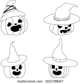 Set of Halloween pumpkins isolated on white background. black and white line drawing